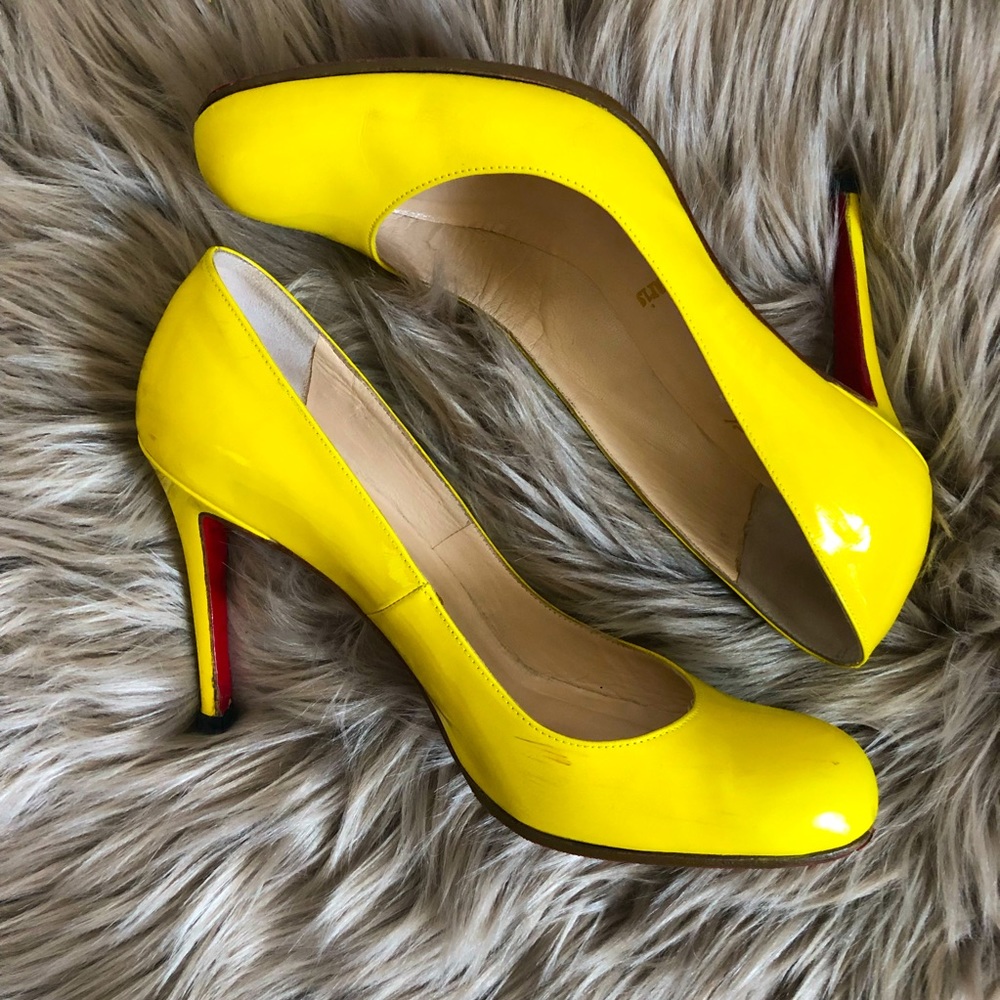 Christian Louboutin patent leather stilettos, bright yellow, good condition